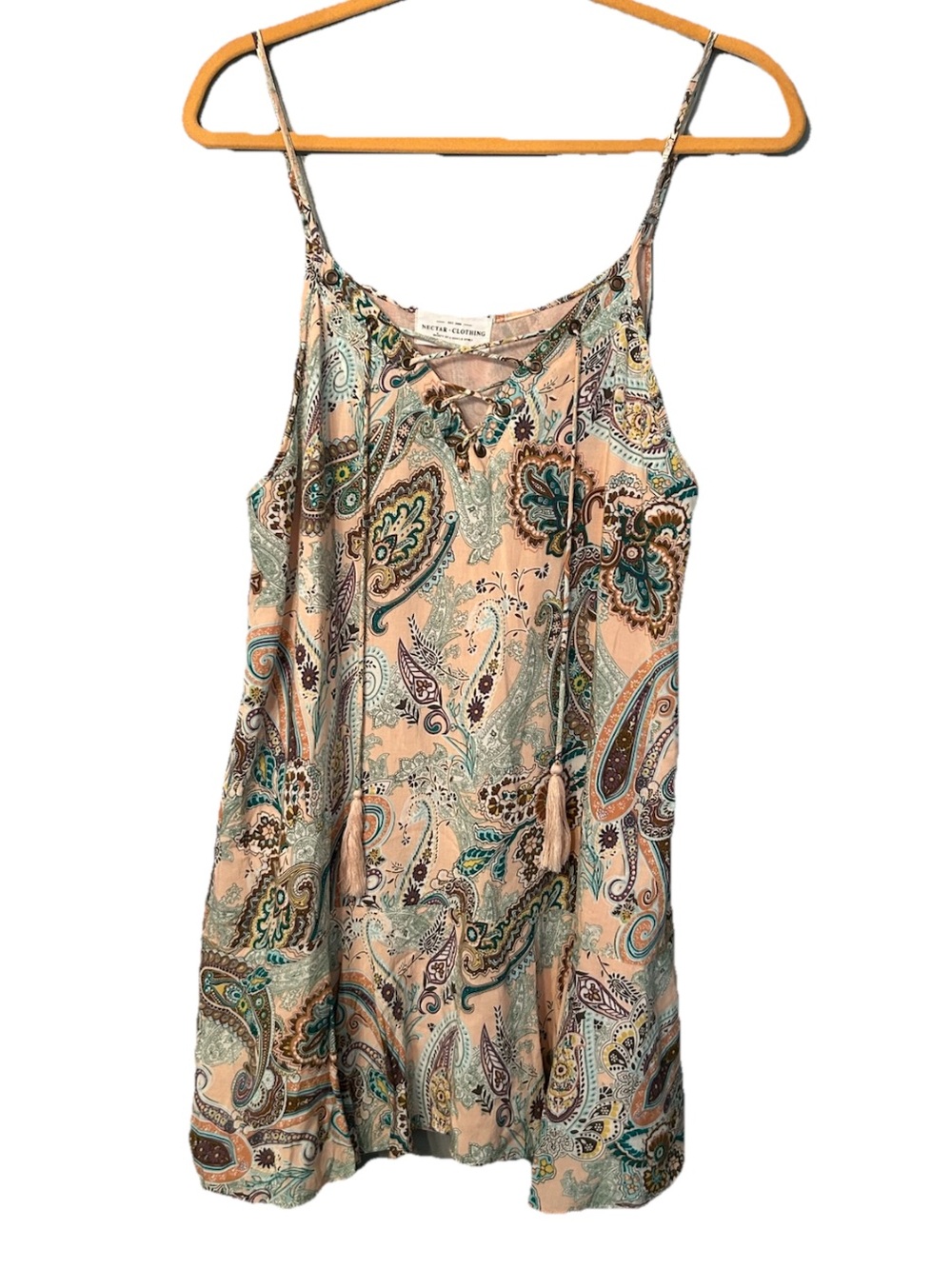 Nectar Clothing Spaghetti Strap Paisley Lace-Up Tassel Tank Dress Large